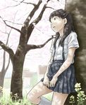  black_eyes black_hair cherry_blossoms leaning original school_uniform skirt solo suspenders tnt_(aaaazzzz) tree 