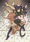  animal_ears arms_up black_hair breasts cat_ears dark_skin feathers feet green_eyes grey_hair long_hair lying medium_breasts miogrobin multiple_girls nude original tail thighhighs toes tongue underboob white_hair yellow_eyes 