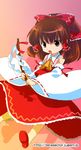  :o ascot blush brown_eyes brown_hair collar detached_sleeves dress gohei gradient gradient_background hakurei_reimu holding long_sleeves omuni open_mouth red_dress ribbon-trimmed_sleeves ribbon_trim simple_background solo stick touhou 