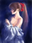  bad_id bad_pixiv_id bare_shoulders bow breasts brown_hair cleavage hair_bow lipstick long_hair makeup medium_breasts off_shoulder oyamada_musshu ponytail red_eyes solo true_tears undressing yuasa_hiromi 