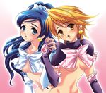  blonde_hair blue_eyes blue_hair blush bottomless bow breasts cure_black cure_white earrings elbow_gloves ena_roseo frills futari_wa_precure gloves half_updo heart jewelry long_hair magical_girl medium_breasts misumi_nagisa multiple_girls no_bra open_mouth ponytail precure short_hair turtleneck underboob yellow_eyes yukishiro_honoka 