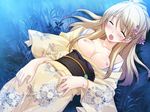  blonde_hair blush breasts brown_hair closed_eyes game_cg grass hair_ornament hitoyume japanese_clothes kimono kurashima_tomoyasu long_hair lying medium_breasts open_clothes open_kimono open_mouth open_shirt outdoors shirt solo 