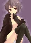  bangs hijiki_(hijikini) nagato_yuki open_clothes open_shirt shirt short_hair solo suzumiya_haruhi_no_yuuutsu thighhighs 