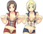  breasts final_fantasy final_fantasy_xi hume katy_(artist) midriff multiple_girls open_clothes open_shirt shirt short_hair short_shorts shorts small_breasts 