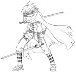  artist_request cape gloves greyscale monochrome original sketch solo sword swordsman traditional_media weapon 