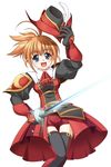  blue_eyes brown_hair final_fantasy final_fantasy_xi hat hume katy_(artist) ponytail rapier red_mage solo sword thighhighs weapon 