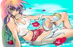  arm_support bare_arms breasts cleavage copyright_request covered_nipples crop_top flower green_eyes hibiscus kotoyoshi_yumisuke large_breasts long_hair midriff navel see-through solo water wet 