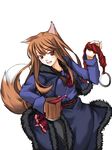  alcohol animal_ears brown_hair cup dress fang fur holo jewelry long_hair mug red_eyes ribi ring rope solo spice_and_wolf tail wine wolf_ears wolf_tail 