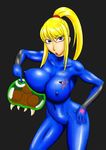  1girl big_breasts blond_hair blonde_hair blue_eyes bodysuit breasts erect_nipples large_breasts metroid metroid_(creature) ml nipples ponytail samus_aran spandex zero_suit 