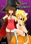  :p animal_ears bell bikini blonde_hair brown_eyes brown_hair cape cat_ears cat_tail elbow_gloves gloves hakurei_reimu halloween happy_halloween kemonomimi_mode kirisame_marisa multiple_girls nishino_miyuki open_mouth pumpkin side-tie_bikini striped striped_legwear swimsuit tail thighhighs tongue tongue_out touhou yellow_eyes 