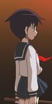  arms_at_sides awa black_hair black_skirt brown_eyes closed_mouth cowboy_shot expressionless from_side gradient gradient_background holding holding_staff long_sleeves looking_afar lowres mitama_mayo neckerchief oekaki pleated_skirt profile red_neckwear sayonara_zetsubou_sensei school_uniform serafuku shirt short_hair skirt solo staff standing white_shirt 