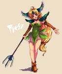  :d blonde_hair blue_eyes breasts character_name cleavage crossed_legs detached_sleeves kara_(color) large_breasts legs long_hair low-tied_long_hair miniskirt open_mouth polearm riesz seiken_densetsu seiken_densetsu_3 skirt smile solo spear standing watson_cross weapon 