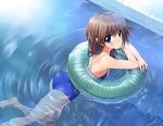  afloat ass barefoot blue_eyes blue_swimsuit blush brown_hair from_above innertube komaki_ikuno looking_up o3o one-piece_swimsuit partially_submerged pool pout refraction ripples school_swimsuit solo suzume_inui swimsuit to_heart_2 water 