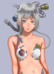  android bare_shoulders brazen cable copyright_request cyborg grey_background looking_at_viewer navel parts_exposed short_hair silver_hair simple_background solo upper_body 