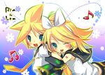  1girl ;p bad_id bad_pixiv_id beamed_eighth_notes blonde_hair blue_eyes bow brother_and_sister character_name eighth_note hair_bow hair_ornament headset kagamine_len kagamine_rin musical_note necktie one_eye_closed open_mouth sakurano_miya short_hair siblings tongue tongue_out twins vocaloid yellow_neckwear 