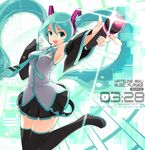  aqua_eyes aqua_hair armcho black_legwear detached_sleeves hatsune_miku long_hair microphone neck necktie open_mouth pleated_skirt skirt solo thighhighs twintails very_long_hair vocaloid 