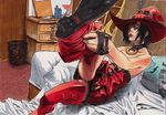  bed belt boots collar dressing gloves guilty_gear guitar hat i-no instrument ishiwatari_daisuke mouth_hold red_hat short_hair solo thigh_boots thighhighs topless witch witch_hat 