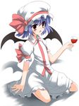  alternate_color bad_id bad_pixiv_id cup drinking_glass fang hat purple_hair red_eyes remilia_scarlet short_hair shouji_ayumu sitting solo touhou wariza white_hat wine_glass wings 