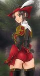  :o ass belt brown_eyes brown_hair fe feathers final_fantasy final_fantasy_xi gloves hat highres hume red_mage short_hair skindentation solo thighhighs 
