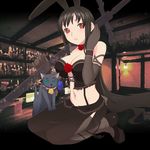  adjusting_hair animal_ears aqua_eyes bad_id bad_pixiv_id black_hair breasts bunny_ears cat character_request choker cleavage corset crop_top elbow_gloves extra_ears flower gloves kneeling large_breasts long_hair mabinogi midriff mouth_hold navel no_bra photo_background red_eyes rose see-through skirt solo sword thighhighs ume_(driveume) very_long_hair weapon 