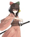  95-tan aki_toshi bow brown_hair japanese_clothes katana kimono multicolored_bow os-tan pink_kimono red_eyes solo sword weapon yukata 