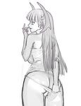  ark_(morita_hitomi) ass back bare_shoulders breasts demon_girl greyscale head_wings large_breasts long_hair looking_back lowres monochrome morrigan_aensland panties pantyshot skirt solo succubus underwear vampire_(game) wings 