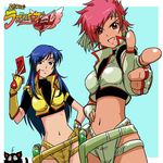  :d belt card contrapposto crossover dark_skin dirty_pair futari_wa_precure highres kakkii kei_(dirty_pair) long_hair looking_at_viewer midriff multiple_girls navel open_mouth pink_hair pointing pointing_at_viewer precure red_eyes revealing_clothes short_hair smile standing stomach thigh_strap very_long_hair yuri_(dirty_pair) 