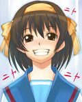  bad_id bad_pixiv_id blue_sailor_collar brown_hair grin hairband hirokiku kita_high_school_uniform sailor_collar school_uniform serafuku short_hair smile solo suzumiya_haruhi suzumiya_haruhi_no_yuuutsu 