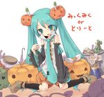  7010 blue_eyes blue_hair candy detached_sleeves food food_themed_hair_ornament hair_ornament hatsune_miku lollipop long_hair lowres necktie pumpkin pumpkin_hair_ornament pumpkin_pants socks solo spring_onion sweets swirl_lollipop trick_or_treat twintails vocaloid 