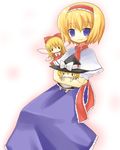  alice_margatroid blonde_hair blue_dress blue_eyes blush capelet character_doll closed_mouth crossed_arms doll dress fairy_wings flying frills looking_at_viewer sitting smile solo touhou white_capelet wings yuzuki_(yuduame) 