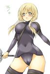  blonde_hair blush breasts cameltoe claymore claymore_(sword) covered_nipples cynthia_(claymore) huge_breasts long_hair pocopoco silver_eyes solo standing sword thighhighs twintails weapon 
