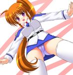  blush lask long_hair lyrical_nanoha mahou_shoujo_lyrical_nanoha_strikers military military_uniform miniskirt panties pantyshot pencil_skirt ponytail purple_eyes red_hair side_ponytail skirt solo takamachi_nanoha thighhighs tsab_air_military_uniform underwear uniform 