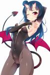  1girl arm_up armpits bangs black_legwear black_leotard blue_hair blush breasts bridal_gauntlets cameltoe closed_mouth covered_navel demon_girl demon_tail demon_wings fang fang_out gluteal_fold hair_bun highleg highleg_leotard highres horns leotard long_hair looking_at_viewer love_live! love_live!_school_idol_project love_live!_sunshine!! medium_breasts one_eye_closed oni_horns pantyhose red_eyes ripe.c side_bun simple_background smile solo spread_armpit standing tail tsushima_yoshiko white_background wings zipper_pull_tab 