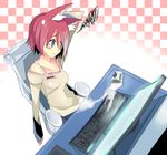  accident animal_ears blue_eyes computer kanikama keyboard_(computer) long_sleeves monitor original red_hair solo spill 