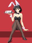  animal_ears black_hair bob_cut bunny_ears bunnysuit fishnet_pantyhose fishnets food high_heels masakichi_(crossroad) onigiri pantyhose red_eyes school_rumble shoes short_hair solo tray tsukamoto_yakumo 