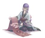  bandana blonde_hair blue_eyes branch facepaint hair_tie japanese_clothes jewelry kimono kusuriuri_(mononoke) makeup male_focus medallion mononoke necklace obi pointy_ears sash sitting solo sun_(symbol) watase 