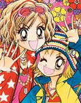  :d ;d arm_up beanie blonde_hair blush brown_eyes character_name copyright_name dog_tags eyewear_on_head fashion fingernails floral_background flower flower_necklace fujii_mihona gals! gyaru hat hibiscus jacket jewelry kogal kotobuki_ran kotobuki_sayo light_brown_hair long_fingernails long_sleeves multicolored_hair multiple_girls necklace one_eye_closed open_mouth red_hair ring scan smile star star_print sunglasses two-tone_hair unzipped waving wavy_hair 