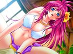  arm_support bikini blue_eyes blush bracelet breasts cleavage covered_nipples dutch_angle earrings flower from_below game_cg hair_flower hair_ornament hibiscus huge_breasts jewelry long_hair looking_at_viewer mochizuki_nozomu nanami_(nangoku_sakunyuu_island) nangoku_sakunyuu_island navel necklace open_mouth pink_hair pov solo spread_legs straddling swimsuit 