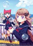  bf._(sogogiching) braid bubble bubble_blowing bubble_pipe cat cloud copyright_request day happy multiple_girls school_uniform sky twin_braids 