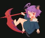  ahoge animal_ears barefoot bell earrings fang jewelry mao_(mizuki_kotora) mizuki_kotora original red_eyes scythe solo tail 