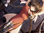  akira_(usausa) bare_shoulders bdsm blush bondage bound bow braid breasts brown_eyes brown_hair chain china_dress chinese_clothes covered_nipples darling dress game_cg hair_bow irie_kozue large_breasts scared solo thighhighs thighs twin_braids 