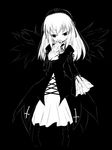  greyscale kuro_(be_ok) long_hair monochrome rozen_maiden solo suigintou wings 