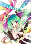  aqua_hair blush bug butterfly colorful detached_sleeves green_nails hatsune_miku insect kamiya_yuu long_hair microphone microphone_stand multicolored_hair nail_polish necktie solo thighhighs twintails very_long_hair vocaloid 