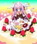  1girl blush_stickers bunny cake candy copyright_request doughnut dress food fruit in_food lollipop long_hair oversized_object pancake pastry pink_hair rainbow_background skirt_basket star strawberry strawberry_shortcake swirl_lollipop tsukamoto_tsukasa 