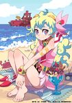  barefoot beach beach_towel bf._(sogogiching) blonde_hair breasts cherry cloud cloud_hair day feet food fruit horizon ice_cream long_hair nia_teppelin ocean outdoors sand sky small_breasts solo sundae tengen_toppa_gurren_lagann towel wafer wafer_stick water 