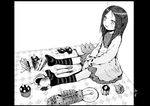  cake copyright_request feet food greyscale mizu_asato monochrome pastry sitting socks solo striped striped_legwear sweets 