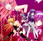  arisa_bannings blonde_hair boots chain green_eyes hairband kneehighs long_hair lyrical_nanoha mahou_shoujo_lyrical_nanoha multiple_girls pink_eyes polearm purple_hair saki_chisuzu skirt socks sword thighhighs tsukimura_suzuka weapon 