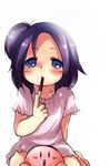  blue_eyes blush child eating food kirby kirby_(series) kumuiutabito pocky purple_hair short_hair solo 