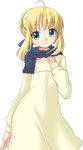  ahoge artoria_pendragon_(all) blonde_hair blue_scarf dress fate/stay_night fate_(series) green_eyes looking_at_viewer manji_taba saber scarf simple_background solo white_background 