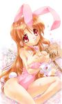  animal_ears asahina_mikuru bare_legs bare_shoulders breast_squeeze breasts brown_hair bunny_ears bunnysuit cherry_blossoms highres large_breasts long_hair lying nyanmilla red_eyes solo suzumiya_haruhi_no_yuuutsu tail 